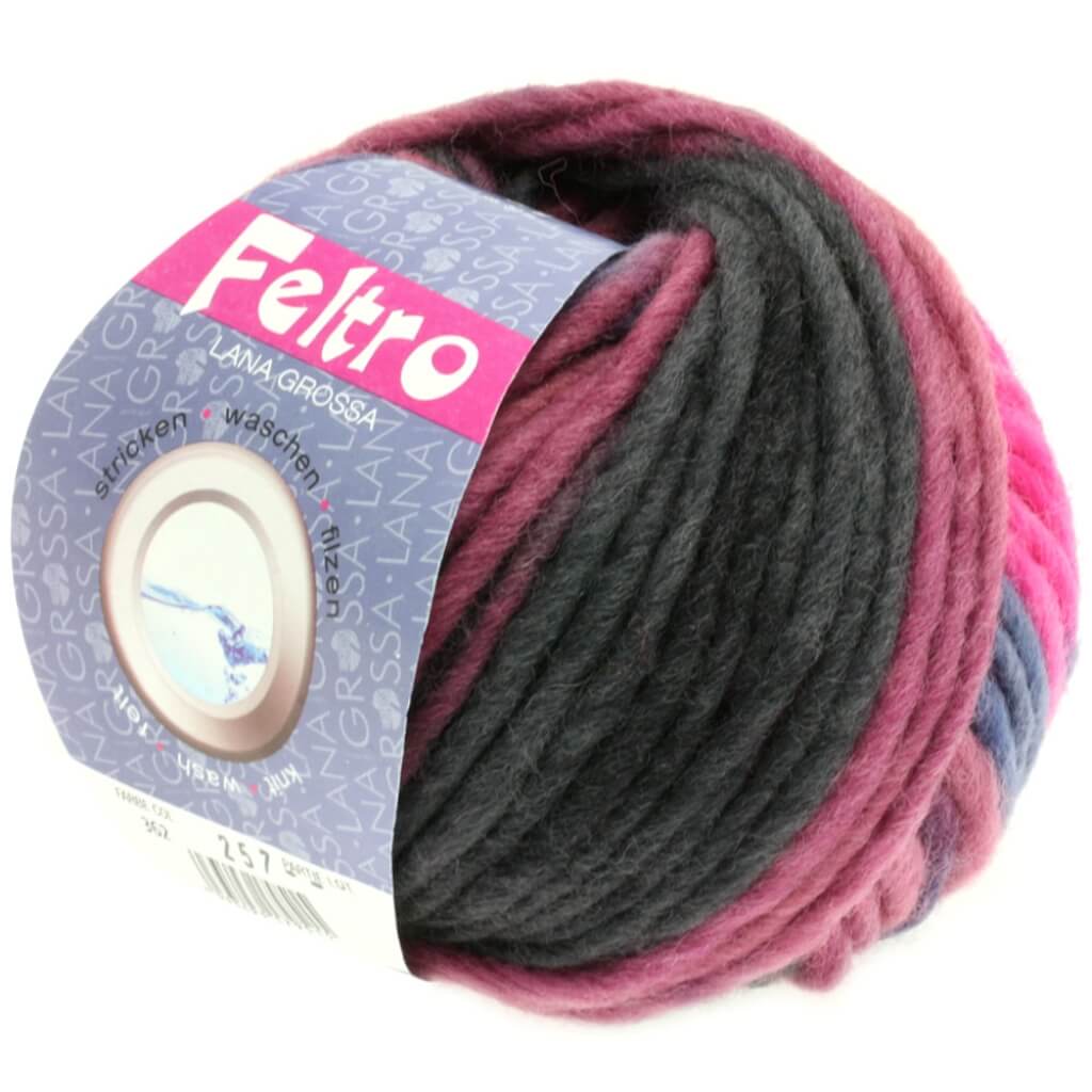 Lana Grossa Feltro Print 50g, Farbe 362 Pink/Pflaume/Anthrazit/Beere – Schurwolle bei Lieblingsgarn