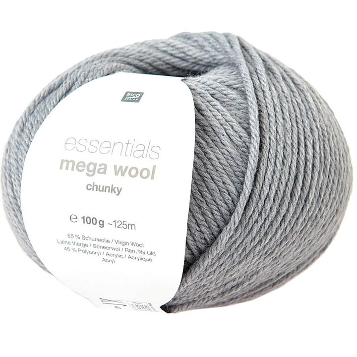 Rico Design Essentials Mega Wool Chunky 100g, Farbe 013 Hellgrau – Acryl und Schurwolle bei Lieblingsgarn