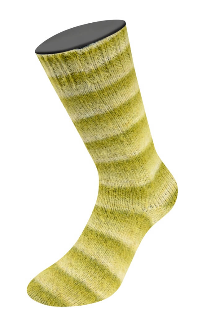 Lana Grossa Cosy Socks Soft Stripes, Farbe 116 Limette/Pistazie/Helloliv – Merino und Synthetik bei Lieblingsgarn