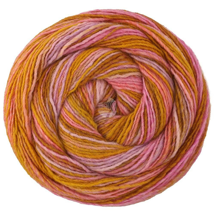 Lana Grossa Gomitolo Disegno, Farbe 524 Wüstengelb/Flieder/Rosa/Pink/Gelbbraun – Schurwolle und Synthetik bei Lieblingsgarn