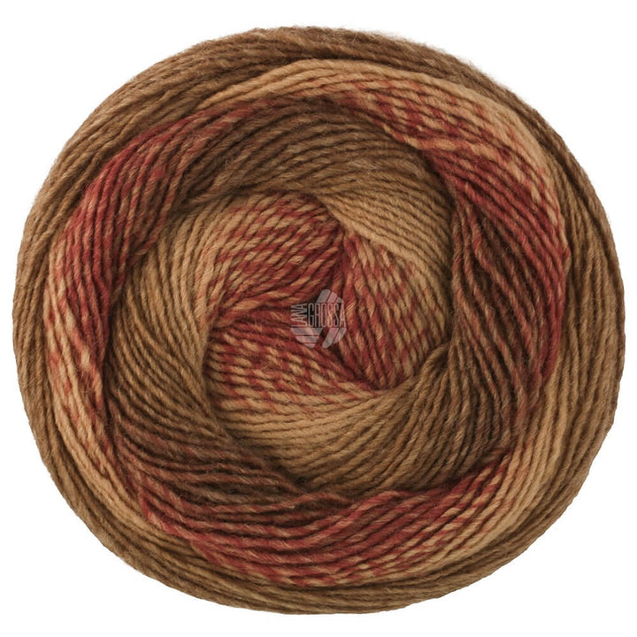 Lana Grossa Gomitolo Versione - Bobbel Wolle, Farbe 467 Nougat/Rot /Dunkelbraun/Umbra – Acryl, Merino und bei Lieblingsgarn