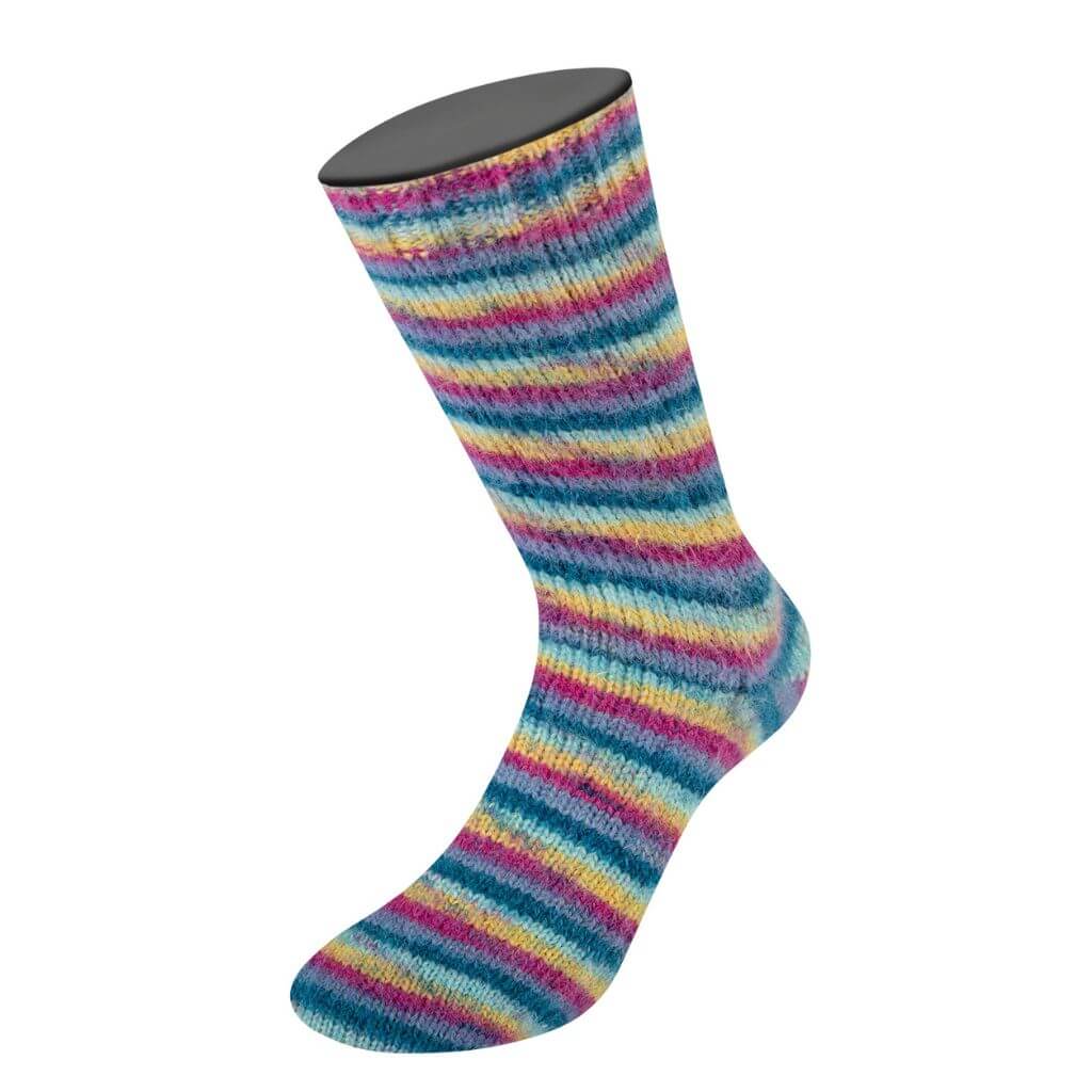Lana Grossa Cosy Socks Multi Stripes, Farbe 155 Dunkelpetrol/Helltürkis/Gelb/Orchidee/Grauviolett bei Lieblingsgarn