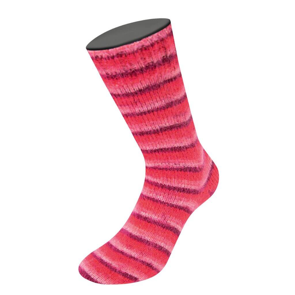 Lana Grossa Cosy Socks Soft Stripes, Farbe 105 Bordeaux/Rosa/Himbeer/Pink – Merino und Synthetik bei Lieblingsgarn