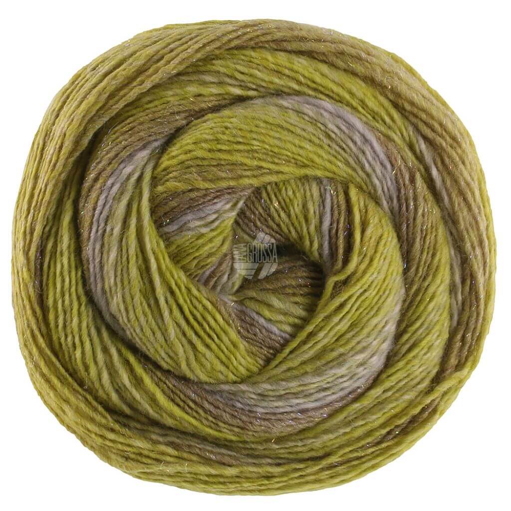 Lana Grossa Gomitolo Gala, Farbe 4034 Lilagrau/Dunkel /Helloliv/Limette – Schurwolle und Synthetik bei Lieblingsgarn