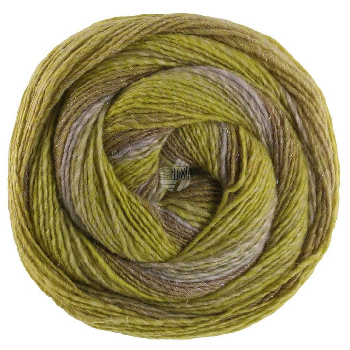 Lana Grossa Gomitolo Gala, Farbe 4034 Lilagrau/Dunkel /Helloliv/Limette – Schurwolle und Synthetik bei Lieblingsgarn