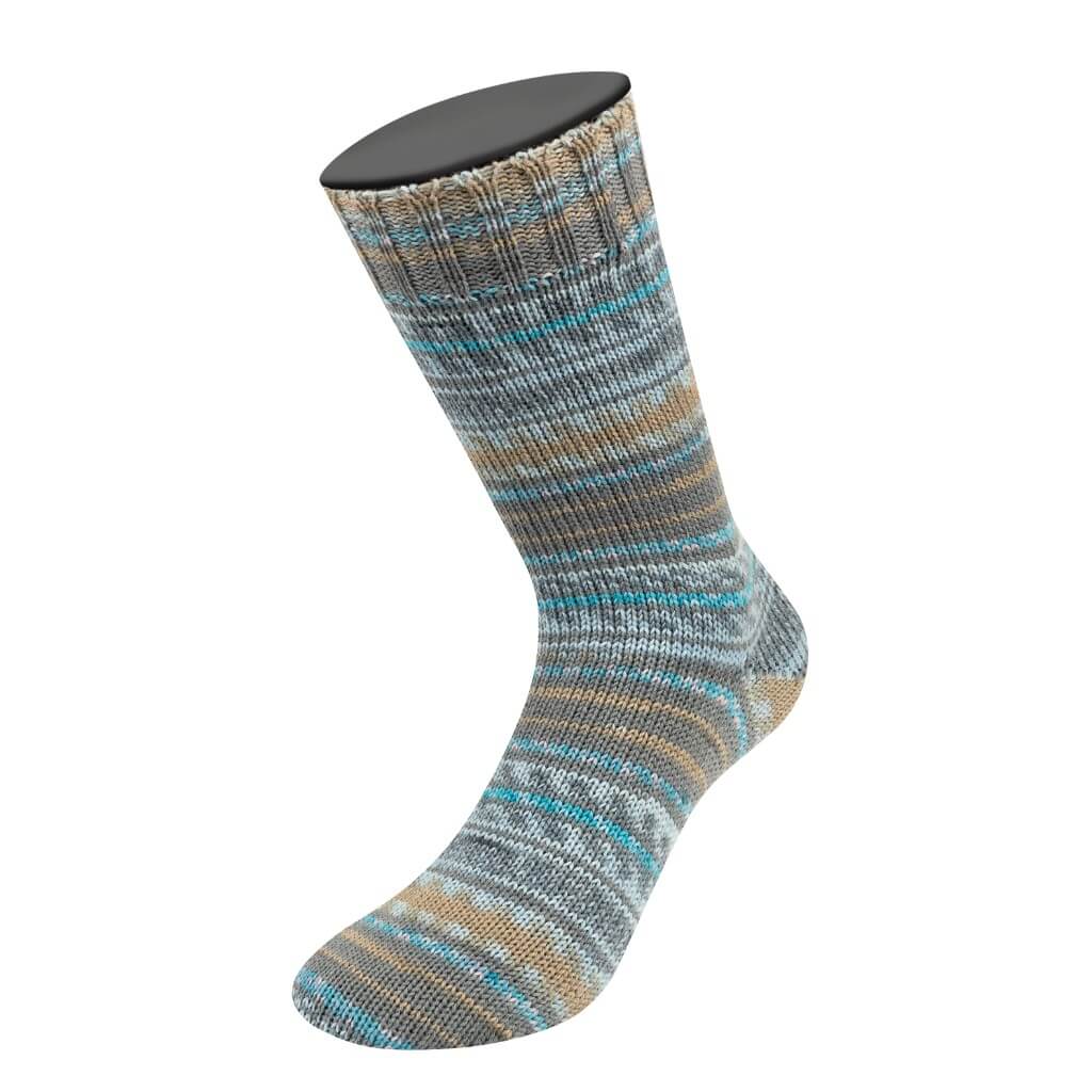 Lana Grossa Landlust Die Sockenwolle, Farbe 616 Türkis/Grau/Zartblau/Rosé/Khakibeige Gestreift – Merino bei Lieblingsgarn