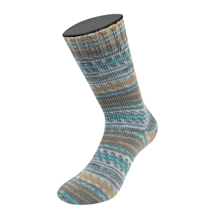 Lana Grossa Landlust Die Sockenwolle, Farbe 616 Türkis/Grau/Zartblau/Rosé/Khakibeige Gestreift – Merino bei Lieblingsgarn