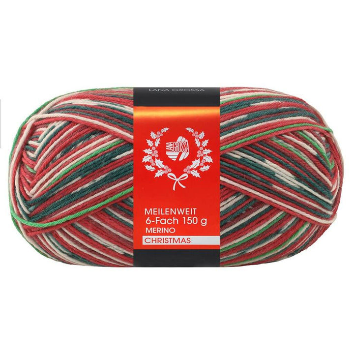 Lana Grossa Meilenweit 6-fach Merino Christmas, Farbe 629 Dunkelgrün/Weiß/Rot/Hellgrün/Dunkelrot bei Lieblingsgarn