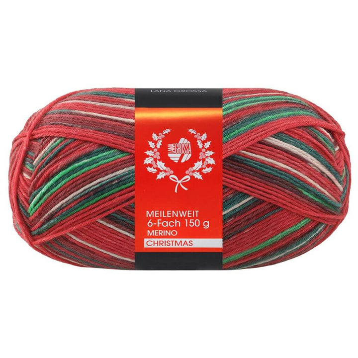 Lana Grossa Meilenweit 6-fach Merino Christmas, Farbe 632 Weiß/Dunkelgrün/Rot/Dunkelrot/Hellgrün bei Lieblingsgarn