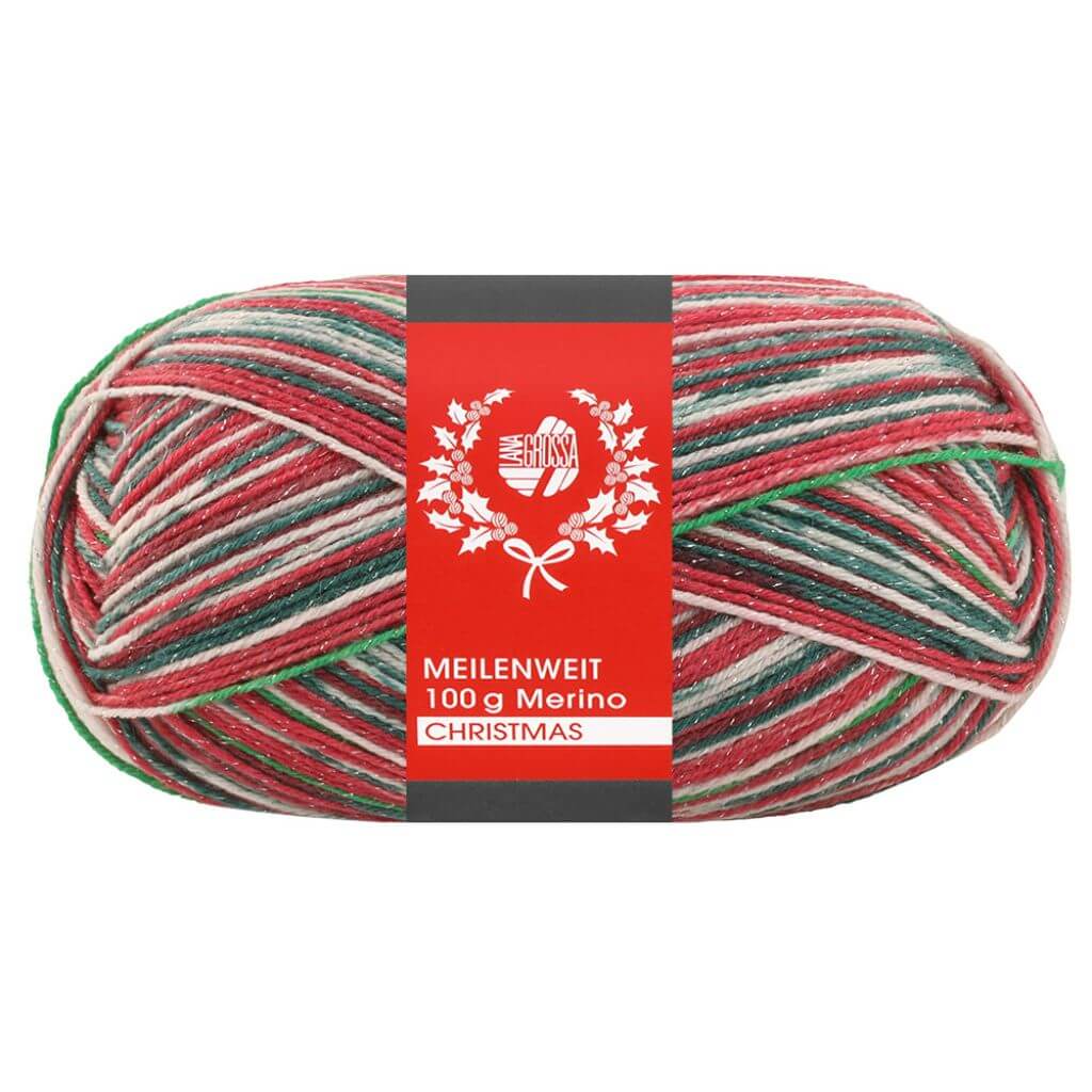 Lana Grossa Meilenweit 100 Merino Christmas, Farbe 6802 Dunkelgrün/Weiß/Rot/Hellgrün/Dunkelrot – Merino bei Lieblingsgarn