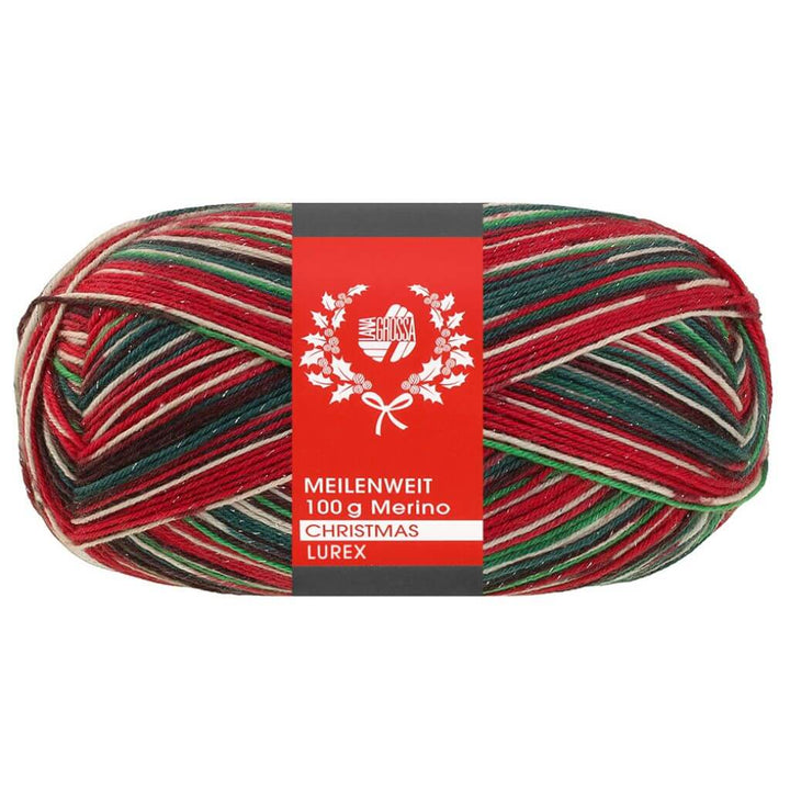 Lana Grossa Meilenweit 100 Merino Christmas, Farbe 6809 Hellgrün/Dunkelbraun/Orange/ Weiß/Dunkelrot/ grün bei Lieblingsgarn